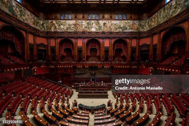 General view of the empty hall of Palazzo Montecitorio seat of the Italian Chamber of Deputies, on October 16, 2020 in Rome, Italy. The historical...