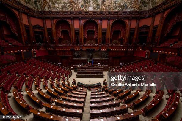 General view of the empty hall of Palazzo Montecitorio seat of the Italian Chamber of Deputies, on October 16, 2020 in Rome, Italy. The historical...