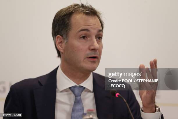 Belgium's Prime Minister Alexander De Croo and Minister of Health and Social Affairs Frank Vandenbroucke hold a news conference after a committee to...