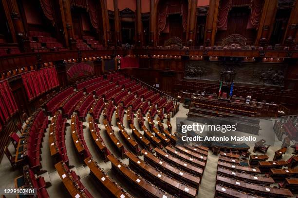 General view of the empty hall of Palazzo Montecitorio seat of the Italian Chamber of Deputies, on October 16, 2020 in Rome, Italy. The historical...