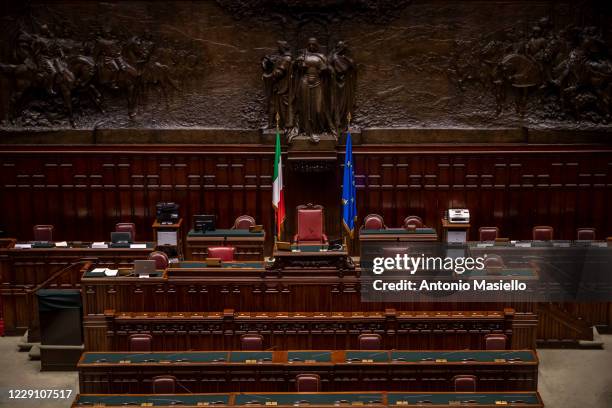 General view of the empty bench of the presidency in the hall of Palazzo Montecitorio, seat of the Italian Chamber of Deputies, on October 16, 2020...