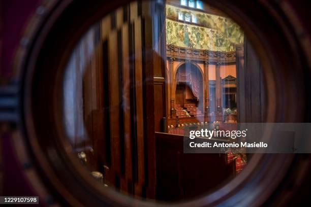 General view of the empty hall of Palazzo Montecitorio seat of the Italian Chamber of Deputies, on October 16, 2020 in Rome, Italy. The historical...