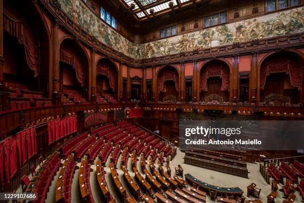 General view of the empty hall of Palazzo Montecitorio seat of the Italian Chamber of Deputies, on October 16, 2020 in Rome, Italy. The historical...