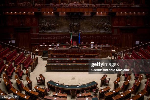 General view of the empty hall of Palazzo Montecitorio seat of the Italian Chamber of Deputies, on October 16, 2020 in Rome, Italy. The historical...