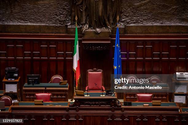 General view of the empty bench of the presidency in the hall of Palazzo Montecitorio, seat of the Italian Chamber of Deputies, on October 16, 2020...