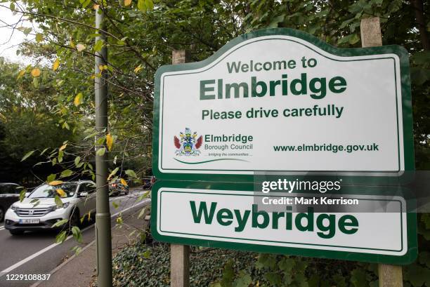 Sign welcoming visitors to the Borough of Elmbridge is pictured on 16 October 2020 in Weybridge, United Kingdom. The Government has announced that...