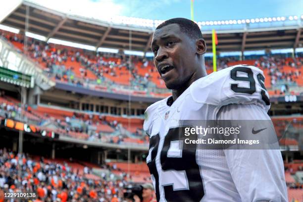 Linebacker Aldon Smith of the Oakland Raiders walks off the field after a game against the Cleveland Browns on September 27, 2015 at FirstEnergy...