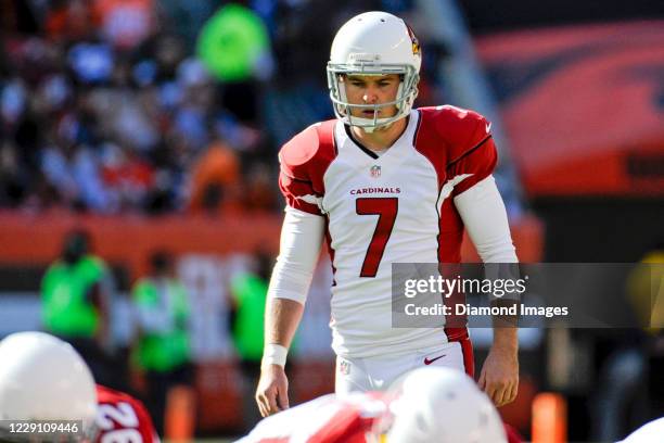 Place kicker Chandler Catanzaro of the Arizona Cardinals waits for the snap on an extra point in the first quarter of a game against the Cleveland...