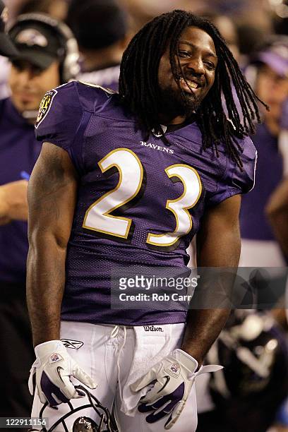 Damien Berry of the Baltimore Ravens on the sidelines during a preseason game against the Washington Redskins at M&T Bank Stadium on August 25, 2011...