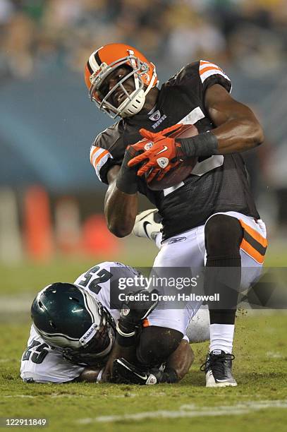 Safety Jarrad Page of the Philadelphia Eagles hits Greg Little of the Cleveland Browns at Lincoln Financial Field on August 25, 2011 in Philadelphia,...