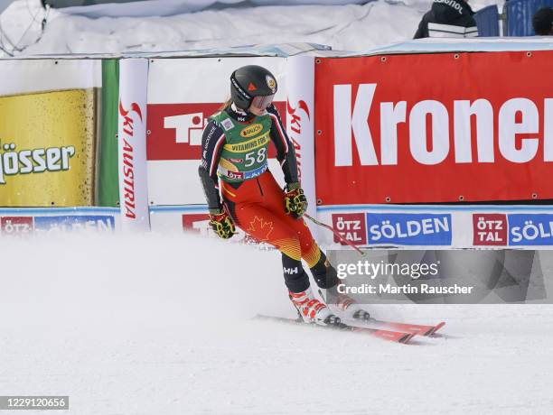Valerie Grenier of Canada competes during the Women's Giant Slalom of the Audi FIS Alpine Ski World Cup at Rettenbach glacier on October 17, 2020 in...