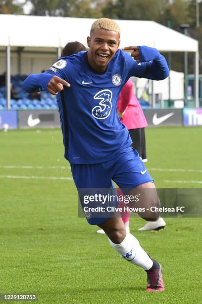 Faustino Anjorin of Chelsea celebrates scoring the first goal during the Premier League 2 Division One match between Chelsea U23 and Derby County U23...