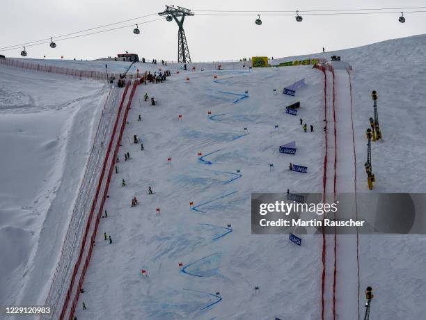 General view of the racetrack during the Women's Giant Slalom of the Audi FIS Alpine Ski World Cup at Rettenbach glacier on October 17, 2020 in...