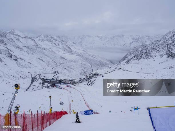 General view of the finish area during the Women's Giant Slalom of the Audi FIS Alpine Ski World Cup at Rettenbach glacier on October 17, 2020 in...