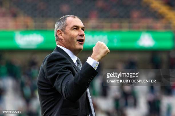 Cercle's head coach Paul Clement celebrates after winning a soccer match between Cercle Brugge and KAA Gent, Saturday 17 October 2020 in Brugge, on...