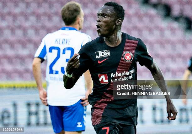 Midtjylland's Pione Sisto reacts after scoring the 3-1 goal during the 3F Superliga fotball match between FC Midtjylland against OB at the MCH Arena...