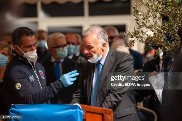 Mourner speaking during the funeral. At the Regional Citadel in Catanzaro was the last tribute for Jole Santelli, Governor of Calabria since 17th...