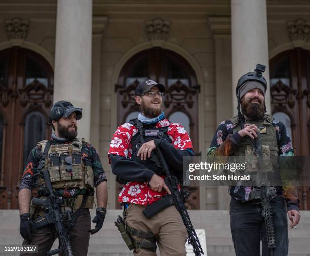 The Boogaloo Boys hold a rally at the Capitol Building on October 17, 2020 in Lansing, Michigan. The Boogaloo boys called it a Unity Rally in an...