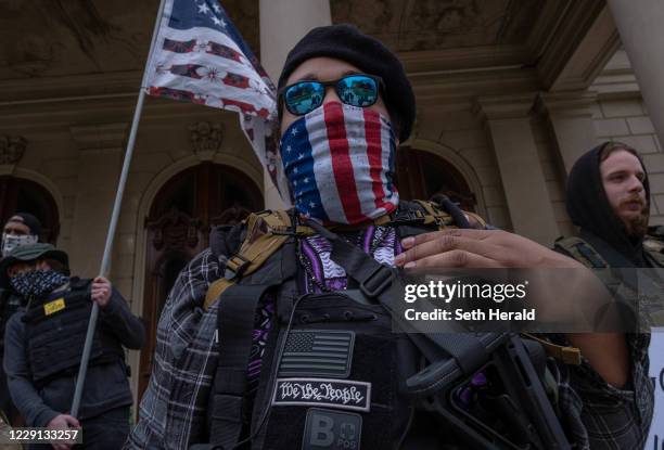 The Boogaloo Boys hold a rally at the Capitol Building on October 17, 2020 in Lansing, Michigan. The Boogaloo boys called it a Unity Rally in an...