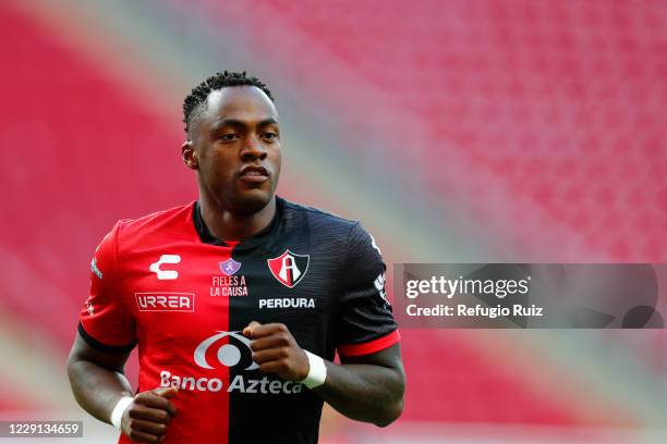 Alex Ibarra of Atlas gestures during the 14th round match between Chivas and Atlas as part of the Torneo Guard1anes 2020 Liga MX at Akron Stadium on...