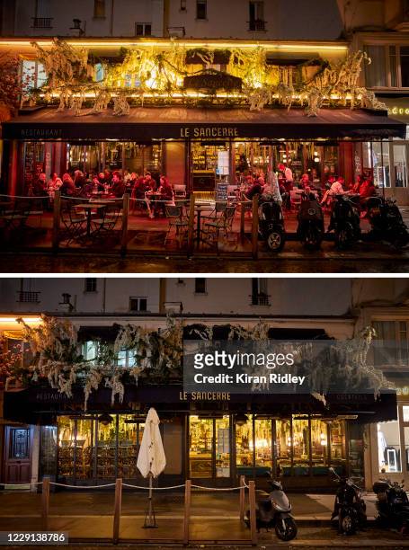 In this composite image, a comparison is made between two nightlife scenes Before And After the Paris Coronavirus Curfew was enforced. TOP Parisians...