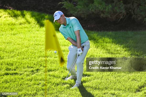 Matthew Fitzpatrick of England chips a shot to the 15th hole green during the first round of THE CJ CUP @ SHADOW CREEK at Shadow Creek Golf Course on...