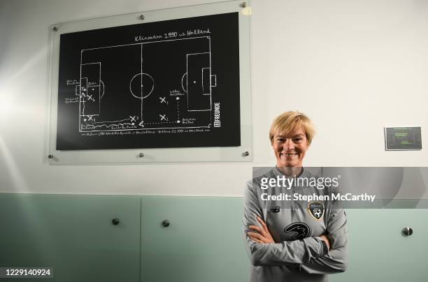 Duisburg , Germany - 18 October 2020; Head coach Vera Pauw poses for a portrait following a Republic of Ireland press conference at her team's...