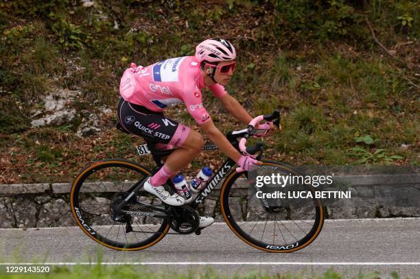 Team Deceuninck Portugal's rider Joao Almeida, wearing the Pink Jersey, competes during the fiteenth stage of the Giro d'Italia 2020 cycling race, a...