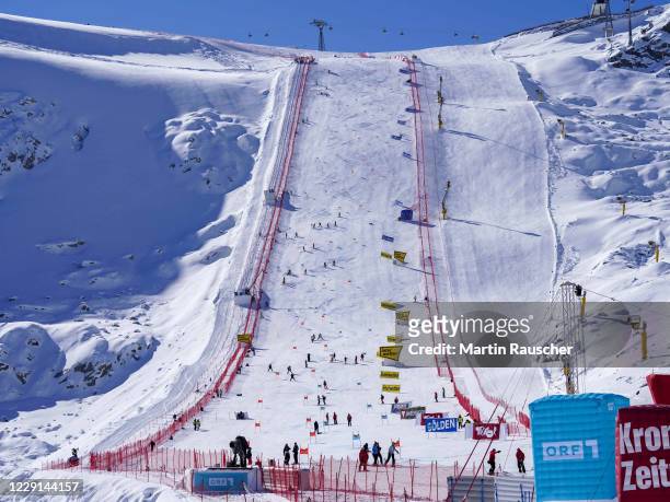 General view of the racetrack during the Men's Giant Slalom of the Audi FIS Alpine Ski World Cup at Rettenbach glacier on October 18, 2020 in...