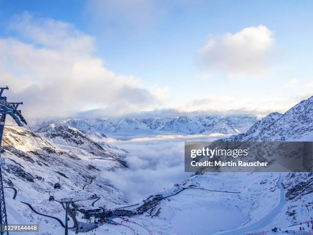 General view of the mountains in the back of the finish area during the Men's Giant Slalom of the Audi FIS Alpine Ski World Cup at Rettenbach glacier...