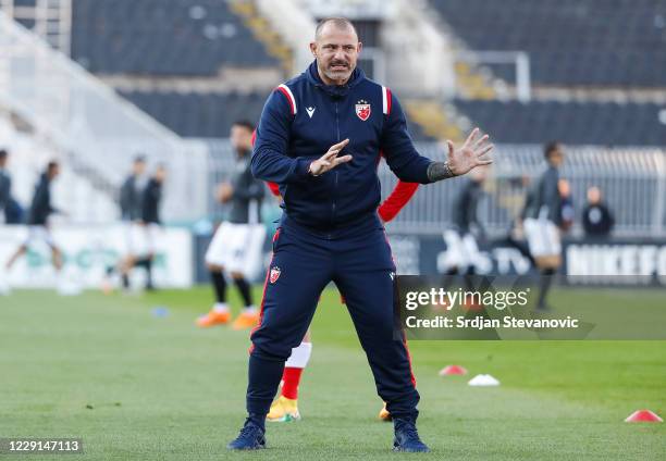 Head coach Dejan Stankovic of Crvena Zvezda give instructions to his players prior to the Serbian SuperLiga match between Partizan Belgrade and...
