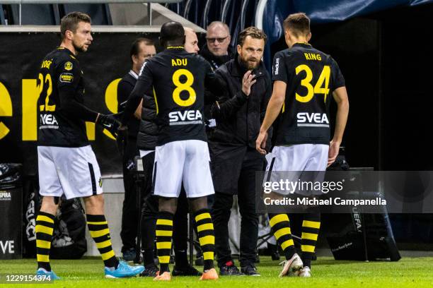 Head coach Bartosz Grzelak gives instructions to Erik Ring during the Allsvenskan match between AIK and IFK Goteborg at Friends Arena on October 18,...