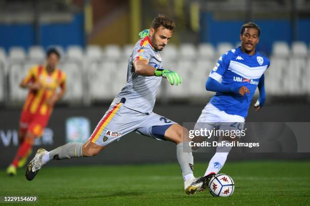 Goalkeeper Vasconcelos Ferreira Gabriel of U.S. Lecce controls the ball during the Serie B match between Brescia and Lecce at Mario Rigamonti Stadion...