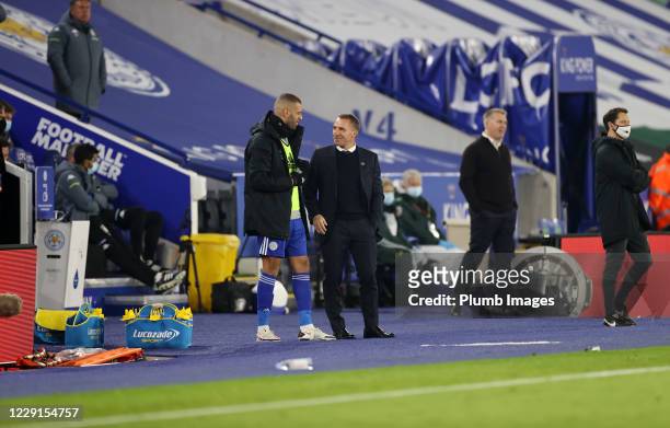Leicester City Manager Brendan Rodgers with Islam Slimani of Leicester City during the Premier League match between Leicester City and Aston Villa at...
