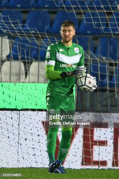 Goalkeeper Jesse Joronen of Brescia Calcio looks on during the Serie B match between Brescia and Lecce at Mario Rigamonti Stadion on October 16, 2020...
