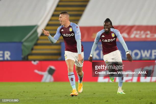 Ross Barkley of Aston Villa celebrates after scoring a goal to make it 0-1 during the Premier League match between Leicester City and Aston Villa at...
