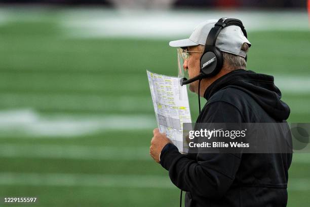 Head coach Vic Fangio of the Denver Broncos looks on during the second half of a game against the New England Patriots at Gillette Stadium on October...