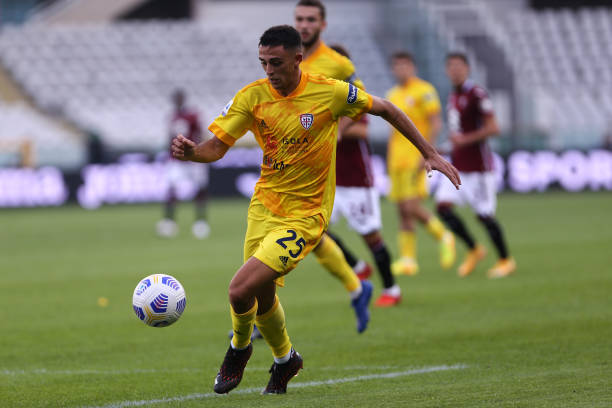 Gabriele Zappa of Cagliari Calcio in action during the Serie A match between Torino Fc and Cagliari Calcio. Cagliari Calcio wins 3-2 over Torino Fc.