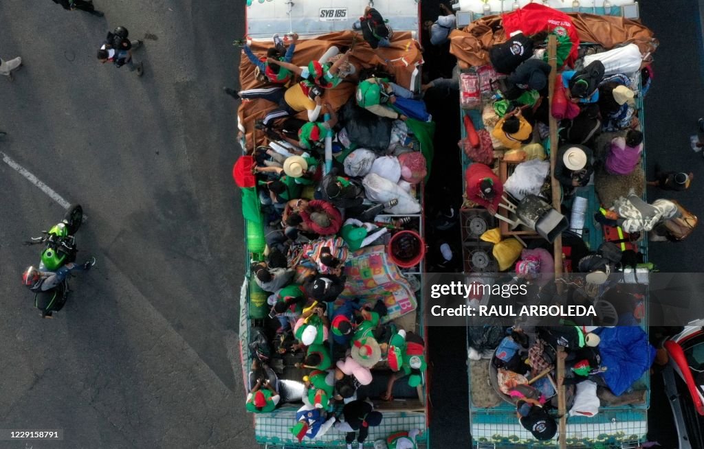 Colombia Problems Aerial view of Colombian indigenous people arriving in Bogota on ...