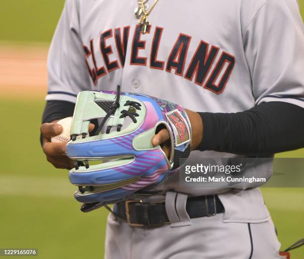 Detailed view of the custom Rawlings baseball glove worn by Francisco Lindor of the Cleveland Indians during the game against the Detroit Tigers at...