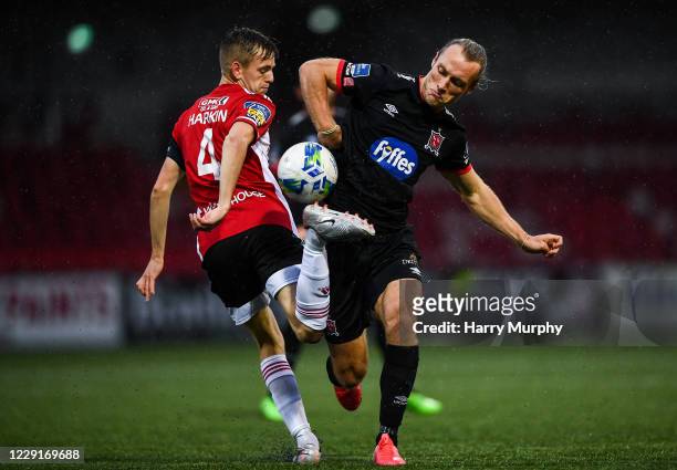 Northern Ireland , United Kingdom - 19 October 2020; Greg Sloggett of Dundalk in action against Ciaron Harkin of Derry City during the SSE Airtricity...