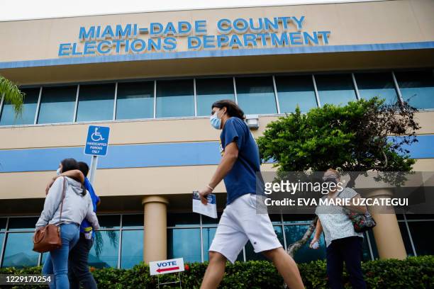Voters wait in line to cast their early ballots at Miami-Dade County Election Department in Miami, Florida on October 19, 2020. Early voting kicked...