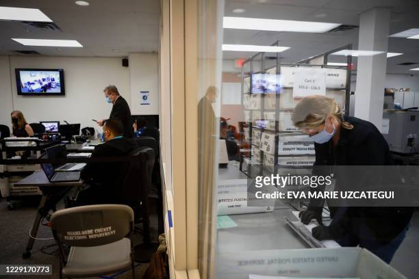Election auditors work in front of a ballots scanning room at the Miami-Dade County Election Department in Miami, Florida on October 19, 2020. Early...