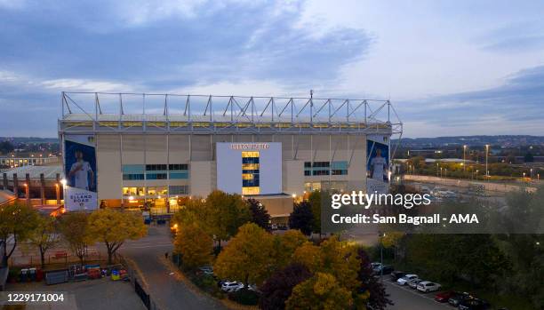 An aerial view of Elland Road, home stadium of Leeds United during the Premier League match between Leeds United and Wolverhampton Wanderers at...