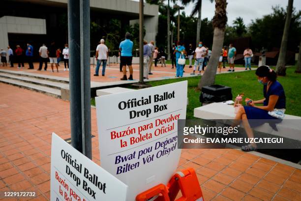 "Offcial ballot drop box" signs are seen at Westchester Regional Library in Miami, Florida on October 19, 2020. - Early voting kicked off Monday in...