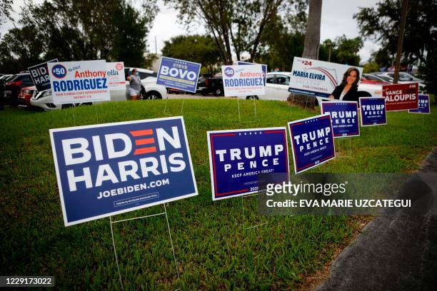 Campaign signs are seen at Westchester Regional Library in Miami, Florida on October 19, 2020. - Early voting kicked off Monday in Florida, a pivotal...