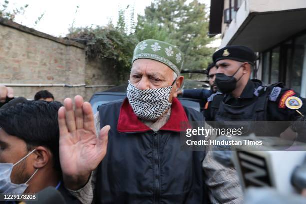 Member of Parliament and President of National Conference Farooq Abdullah talks to media persons outside the Enforcement Directorate Office on...