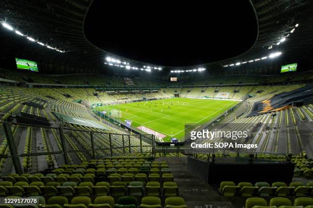 View of an empty stadium because of covid-19 pandemic limitations during the Polish Ekstraklasa match between Lechia Gdansk and Pogon Szczecin. .