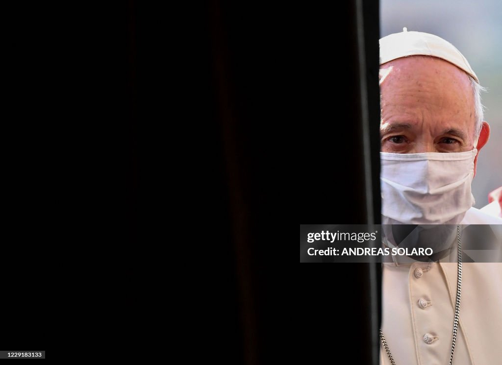 Pope With Mask TOPSHOT - Pope Francis, wearing a protective face mask, arrives for ...