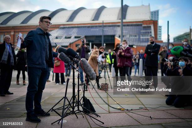 Greater Manchester mayor Andy Burnham speaks to the media outside Bridgewater Hall, in the shadow of the North West Nightingale Hospital at...